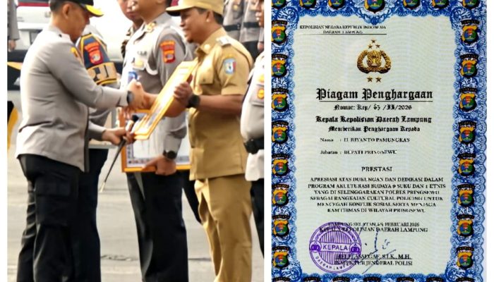 Bupati Pringsewu Dapat Penghargaan Dari Kapolda Lampung